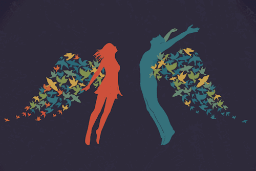 Coppia con ali fatte di uccelli