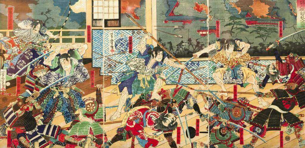 Pittura giapponese con rappresentazione di una battaglia tra samurai