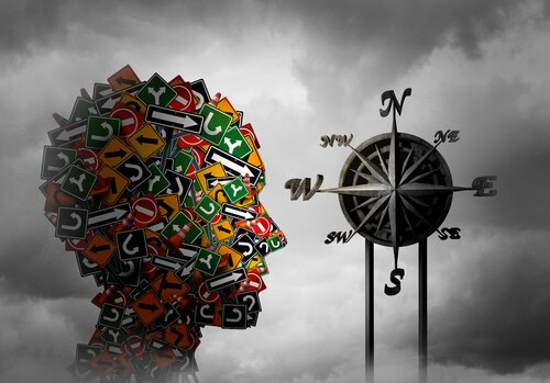 Testa fatta con segnali accanto a rosa dei venti