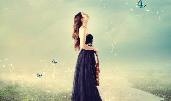 Ragazza con violino e farfalle