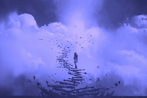 Ragazza verso la felicità su scale che si sgretolano