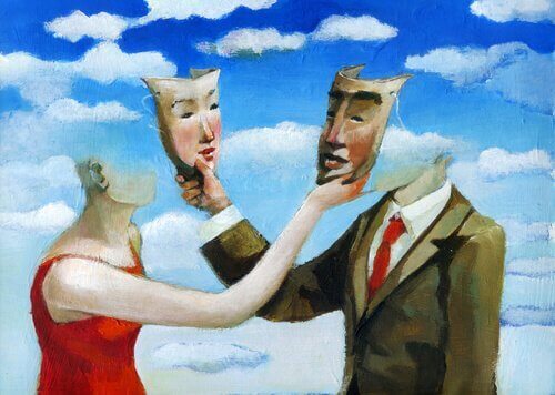 Uomo e donna che si scambiano maschere nella drammaturgia sociale