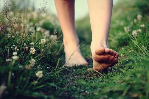 Connettersi con la natura a piedi nudi sull'erba
