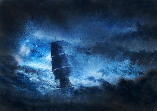 Illustrazione che rappresenta una nave nella notte