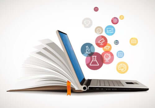 Libro con computer e icone applicazioni