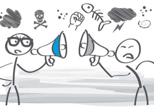 Figure stilizzate discutono con il megafono