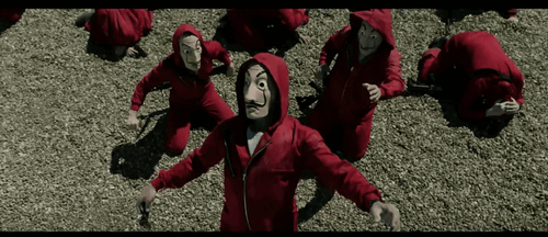 Personaggi de La casa di carta con maschera di Dalì