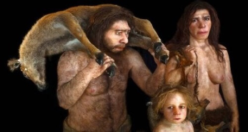 Ricostruzione 3d di una famiglia di Neanderthal.