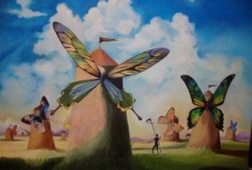 Illustrazione di mulini con ali di farfalle