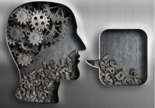 Processi cognitivi: viso con meccanismi e lettere.