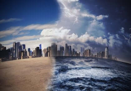 Metropoli colpita da cambiamenti climatici.