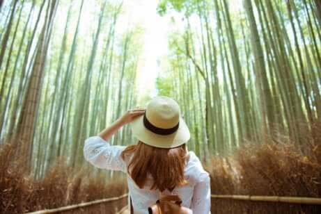 Donna con il cappello nel bosco.