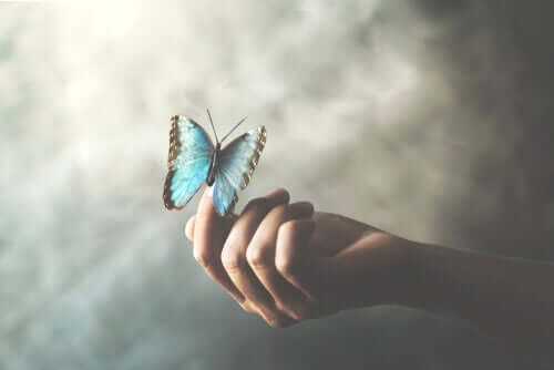 Donna che tiene in mano una farfalla azzurra.
