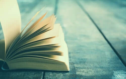 Libro aperto su un tavolo di legno.