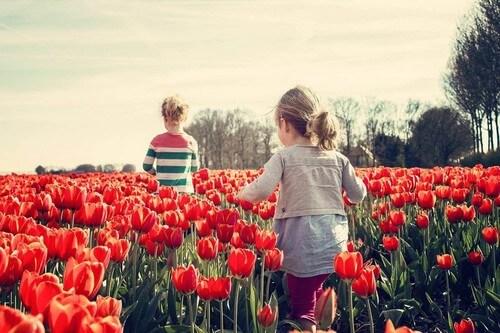 Bambini felici in un campo di tulipani rossi.