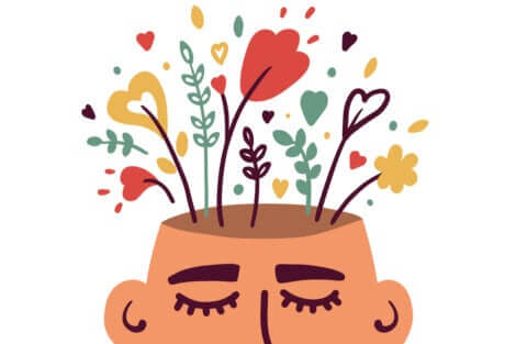 Testa da cui escono fiori e cuori, a rappresentare il pensiero astratto.