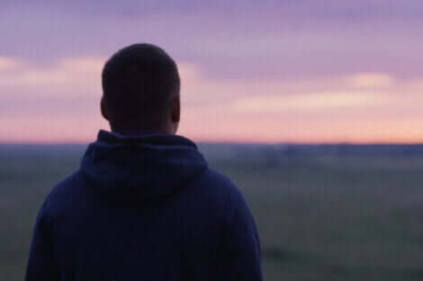 Ragazzo osserva il tramonto di spalle.