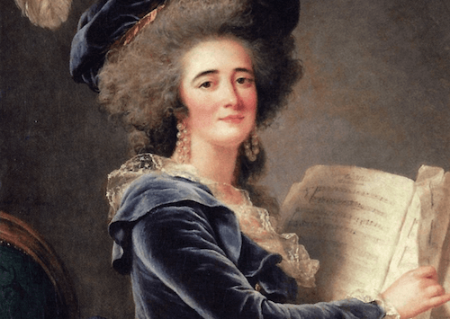 Ritratto di una donna con uno spartito musicale in mano.