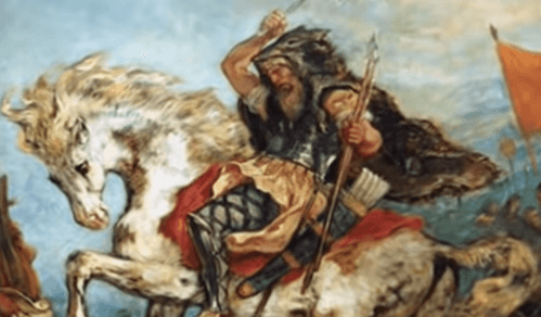 Dipinto del guerriero Attila a cavallo.