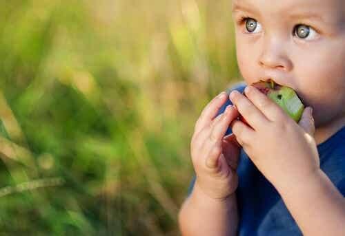 Bambino che mangia una mela.